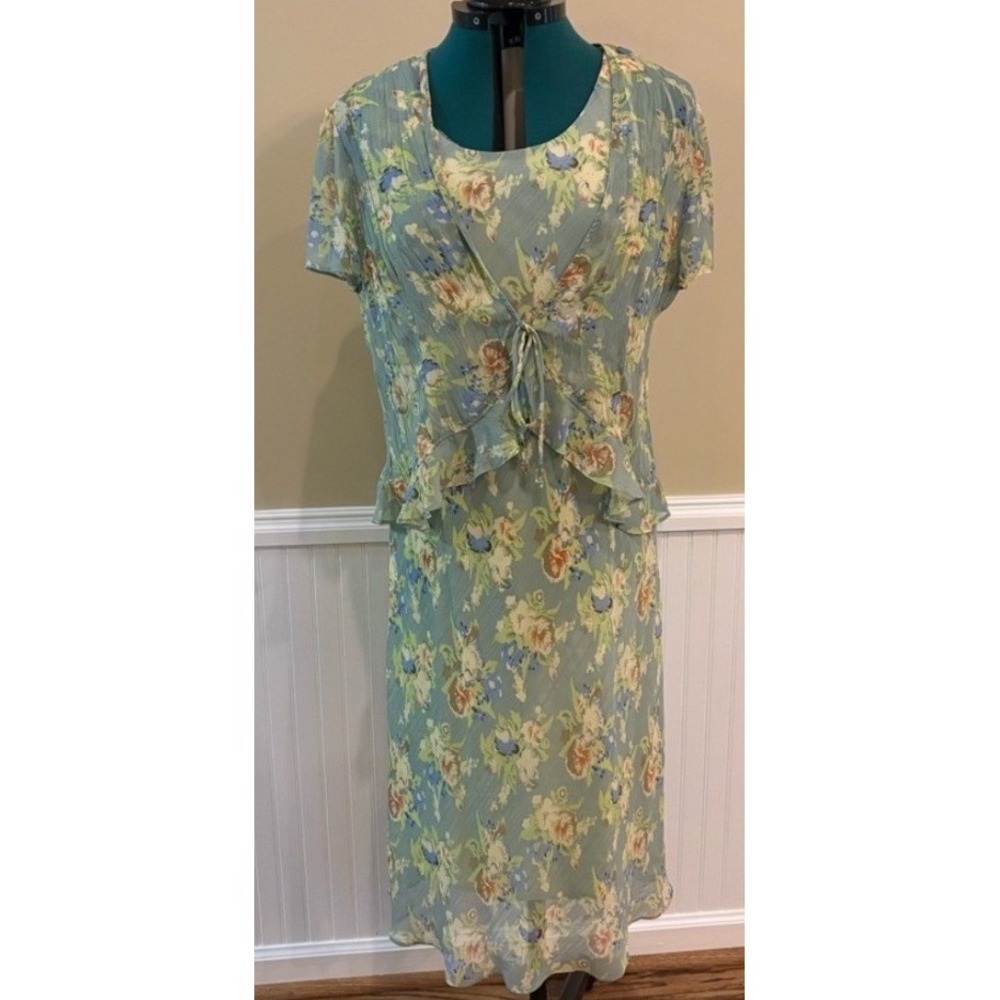 Sheri Martin Vintage Women's 14P Green Floral Dress & Shawl 2 Piece Set